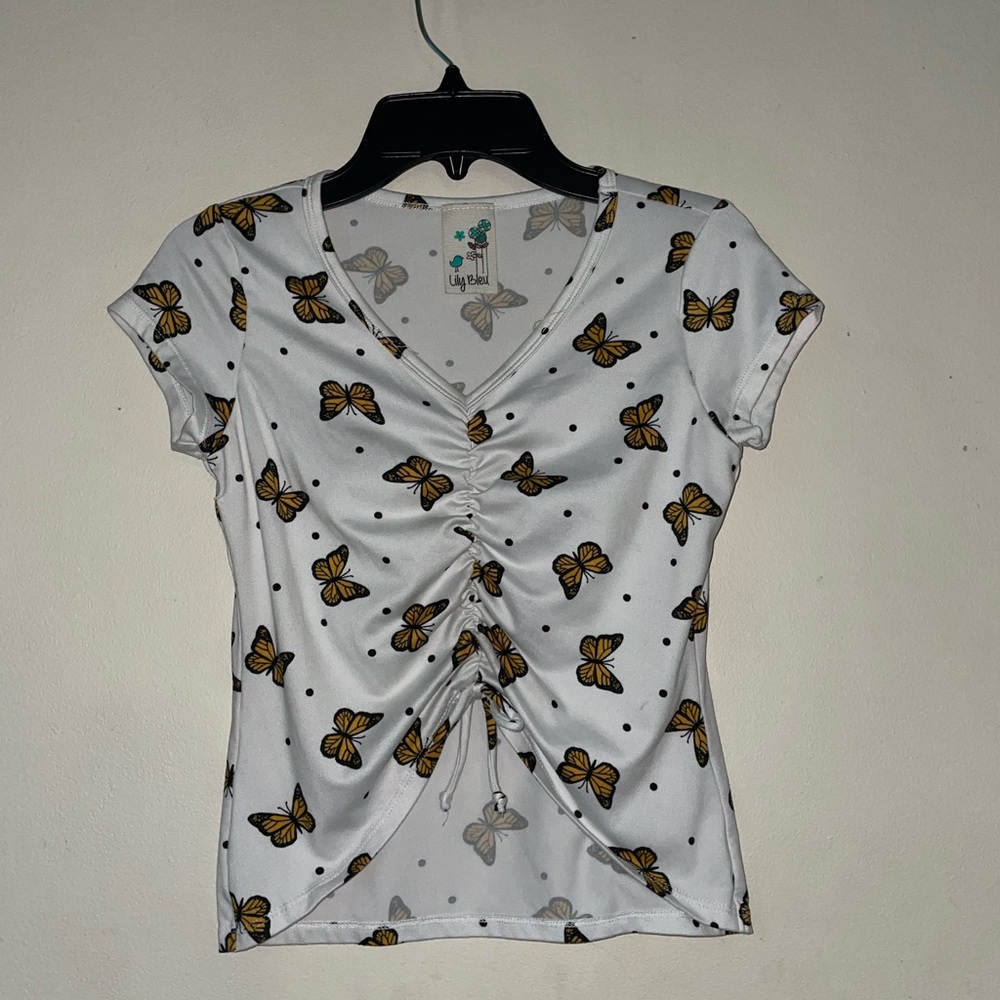 🎉4 for $15🎉Lily Bleu Short Sleeve V-Neck Butterfly Ruched Top